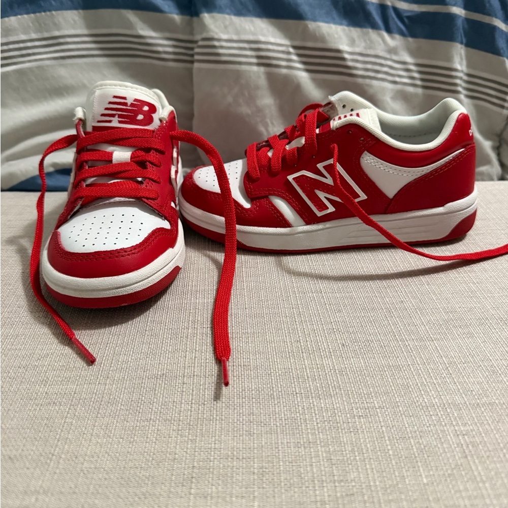 New Balance 480 Kids' Red and White athletic shoe